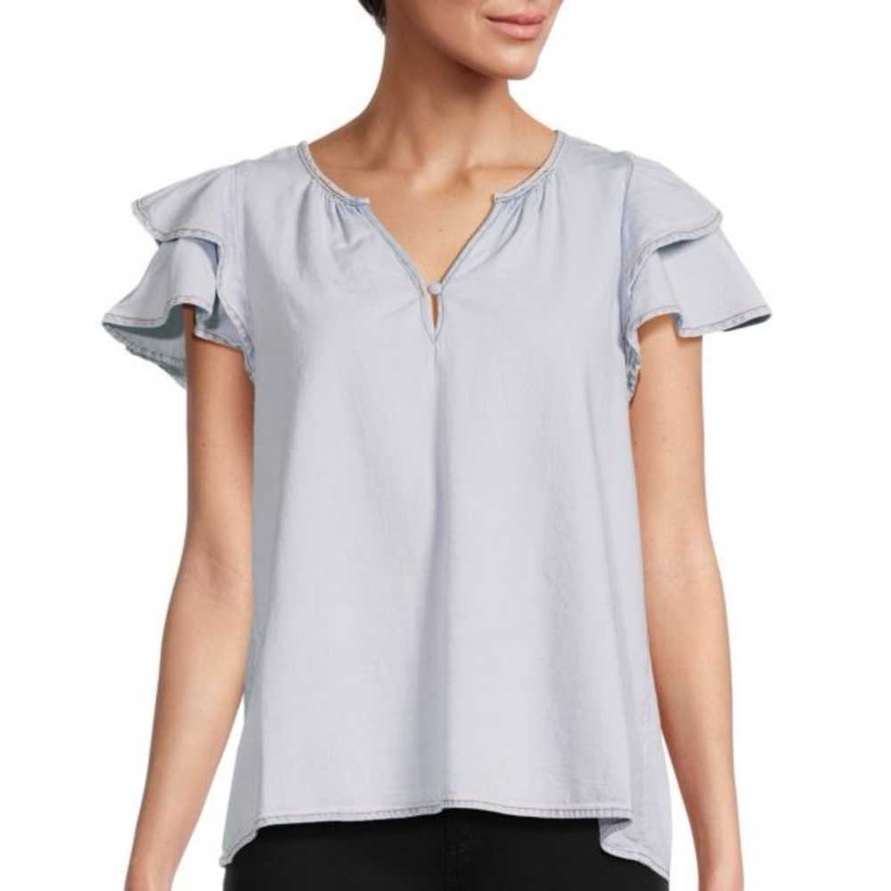 Habitual Double Ruffle V Neck Top in Mist Color